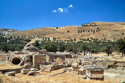 Stone ruins of the ancient Roman city of Gortyn on the island of Crete in Greece