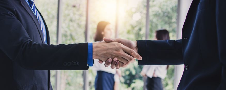 Success business, successful agreement negotiation and confident partner cooperation concept, Businessman shake hands with customer in banner background	