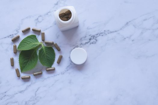Herbal medicine in capsules with natural green leaf on white marble