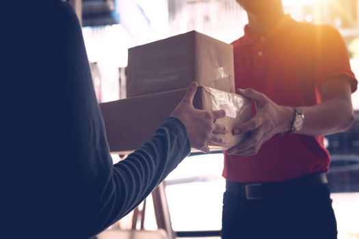 Delivery man send bag of vegetables and food to customers