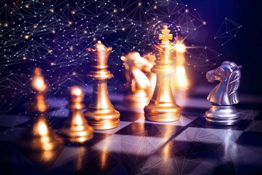 Innovation planing and planing idea  chess competition, business strategy  with financial connection line background. challenge and thinking battle concept