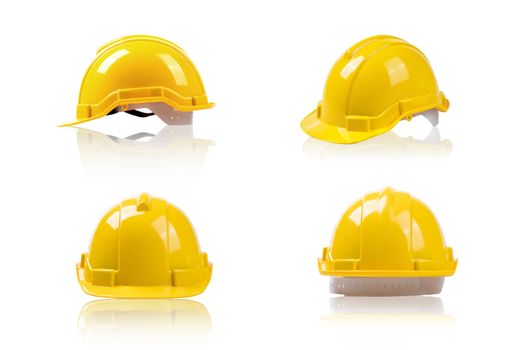 set yellow deferential helmet, construction tools for industrial safety isolated on white background  