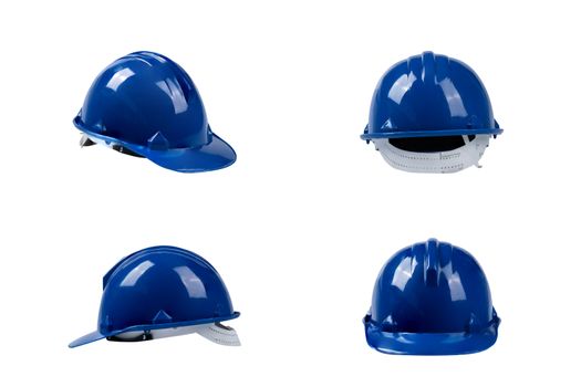 set blue deferential helmet, construction tools for industrial safety isolated on white background