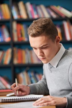 Male Teenage Student Working In Library