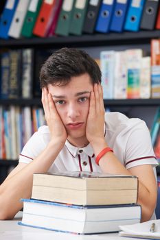 Stressed Male Pupil Working In Library
