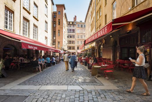 Street and Restaurants in Summer, Lyon, France