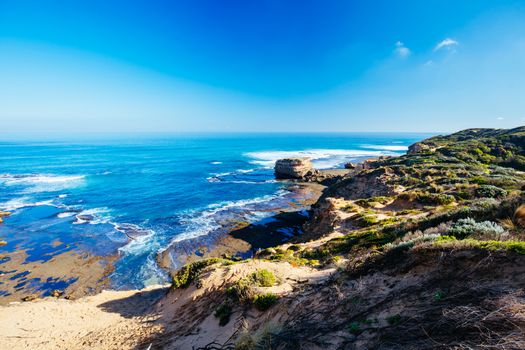 View of Mornington Peninsula coastline around DIamond Bay and Bay of Islands from Jubilee Point on a cool winter's day in Sorrento, Victoria, Australia