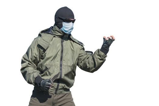 Bandit in balaclava and medical mask in the form of isolate on a white background