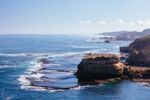 View of Mornington Peninsula coastline around DIamond Bay and Bay of Islands from Jubilee Point on a cool winter's day in Sorrento, Victoria, Australia