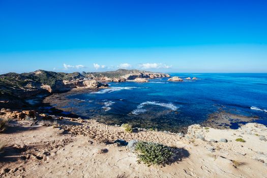 View of Mornington Peninsula coastline around DIamond Bay and Bay of Islands from Jubilee Point on a cool winter's day in Sorrento, Victoria, Australia