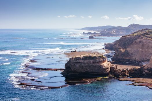 View of Mornington Peninsula coastline around DIamond Bay and Bay of Islands from Jubilee Point on a cool winter's day in Sorrento, Victoria, Australia