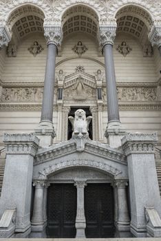 Facade and entrance of The Basilica Notre-Dame de Fourvière, Lyon, France