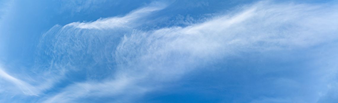 Panorama: White cloud on blue sky background, Fluffy texture, Abstract smoke