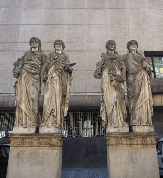 Karyatiden (meaning Caryatids) in front of the Kunsthalle (Art Gallery) by Leo Muesch unveiled in1879 in Duesseldorf, Germany