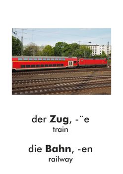 German word card: der Zug (train), die Bahn (railway)