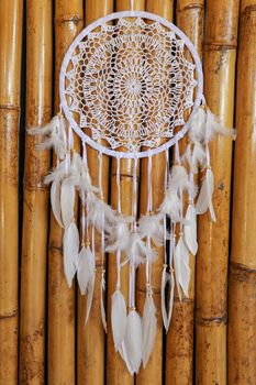 Dream catcher, decorated with white feathers and wooden beads, on a wooden surface. Dream catcher with wooden circle. Knitted Native American amulet with the symbol of Yin Yang on a wodden background.