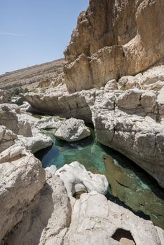 River (with turquoise water) and pool in the canyon of Wadi Bani Khalid, Oman