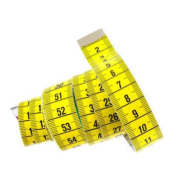 Yellow measuring tape isolated on white background.