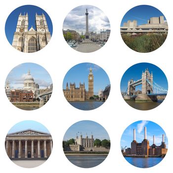 London collage with Westminster Abbey, Trafalgar Square, National Theatre, Saint Paul's Cathedral, Houses of Parliament, Big Ben, Tower Bridge, British Museum, Tower of London, Battersea Power Station