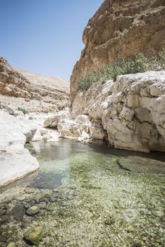Turquoise water of the river going thru the canyon of Wadi Bani Khalid, Sultanate of Oman. This is one of the most visited place of the country