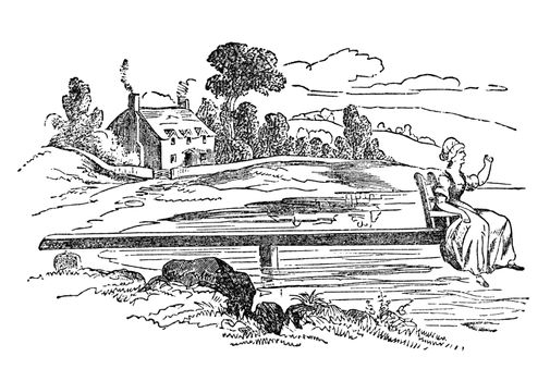 An engraved illustration of  a ducking stool from a Victorian book dated 1883 that is no longer in copyright