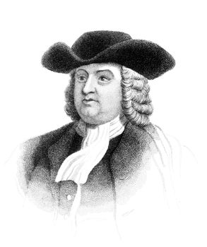 An engraved vintage illustration portrait of William Penn the founder of the Province of Pennsylvania, from a book dated 1847 that is no longer in copyright