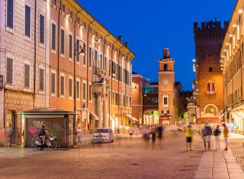 Ferrara - July 2017, Italy: View of central street of Ferrara at the evening time. Historic center of the city. Long exposure photography