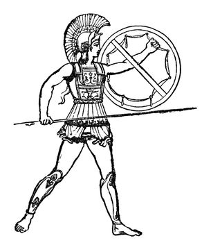 An engraved illustration of  a Roman gladiator from a Victorian book dated 1847 cut out and isolated on white