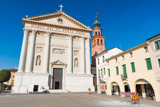 Cittadella - February 2017, province of Padua, region of Veneto, Italy: View of Duomo di Cittadella (Roman Catholic church) on the central square of the walled medieval city
