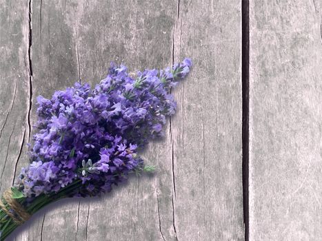 Bunch of blooming lavender, lavender bouquet on a grey wooden background. Rustic design.