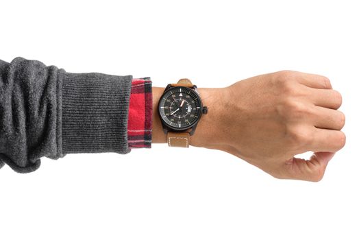 luxury watch on man's wrist over white background