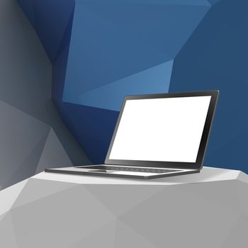 Laptop with blank screen on laminate table and low poly geometric background