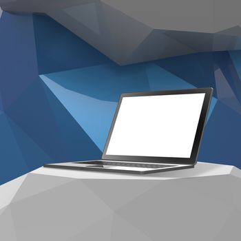 Laptop with blank screen on laminate table and low poly geometric background