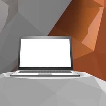 Laptop with blank screen on laminate table and low poly geometric background