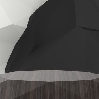 Empty low poly wooden shelf on laminate table and low poly geometric background