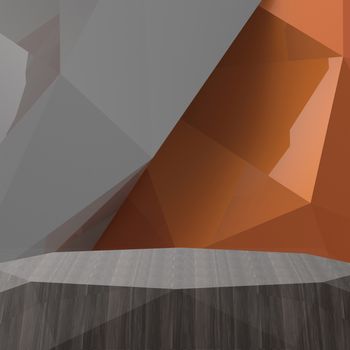 Empty low poly wooden shelf on laminate table and low poly geometric background