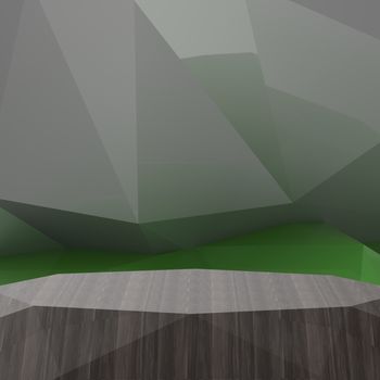 Empty low poly wooden shelf on laminate table and low poly geometric background