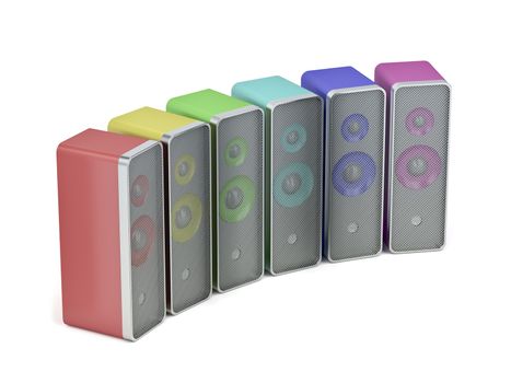 Computer speakers with different colors on white background