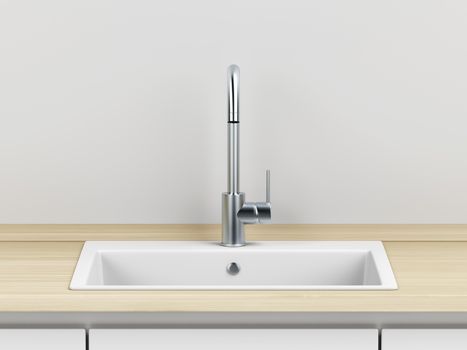 Modern silver faucet and white composite sink in the kitchen