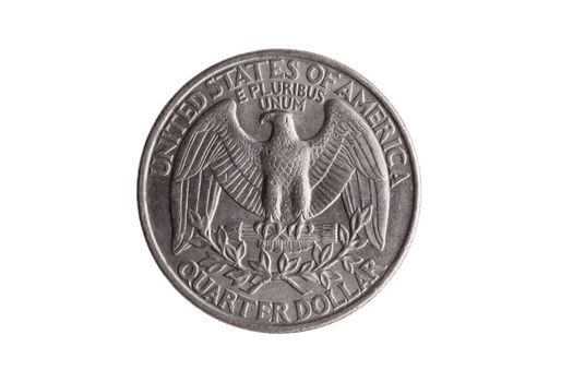 USA quarter dollar nickel coin (25 cents) reverse with a Bald Eagle with wings spread cut out and isolated on a white background