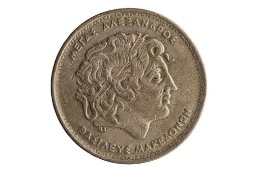 Greek 100 drachmas coin dated 1992 with a portrait image of Alexander the Great cut out and isolated on a white background