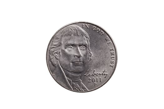 USA half dime nickel coin (25 cents) with a portrait image of Thomas Jefferson cut out and isolated on a white background