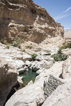 People swimming in the clear turquoise water of Wadi Bani Khalid, Sultanate of Oman, Middle East