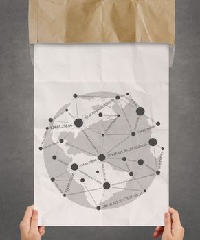 hand showing social media icon on crumpled paper as concept