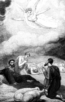 An engraved vintage illustration image of the annunciation to the shepherds of  the birth of Jesus Christ , by R. Westall from a Georgian book titled 'Illustrated to the Testament' dated 1836 that is no longer in copyright