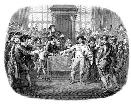 An engraved illustration image of  Oliver Cromwell dissolving the Long Parliament in England, UK, from a Victorian book dated 1868 that is no longer in copyright,
