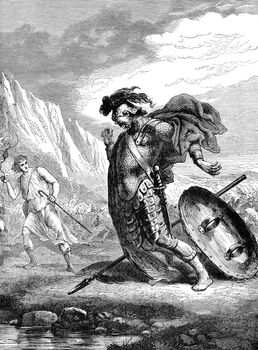 An engraved vintage illustration image of David and Goliath from a Victorian book titled 'The Child's Bible' dated 1883 that is no longer in copyrigh