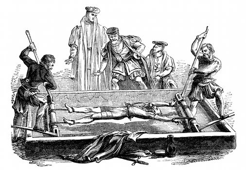 An engraved illustration image of a victim being tortured on a medieval middle ages rack in England, UK, from a Victorian book dated 1868 that is no longer in copyright,