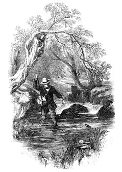 An engraved illustration image of  a male adult angler fly fishing in a river from a Victorian book dated 1857 that is no longer in copyright,