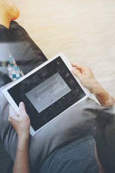 top view of hipster hands using digital tablet pro with "Secure payment" on the screen as Online shopping concept